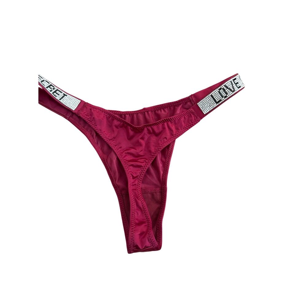 Burgundy Satin Rhinestone Love Secret Thong Panty Size Medium Y2K Glam